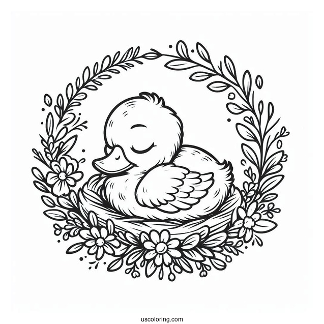 Sleeping Duckling Inside A Flower Wreath