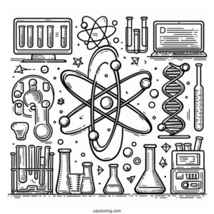 Science Coloring Page Of Full Page Scientific Symbols Atom, Beakers, Test Tubes, Computers, And DNA