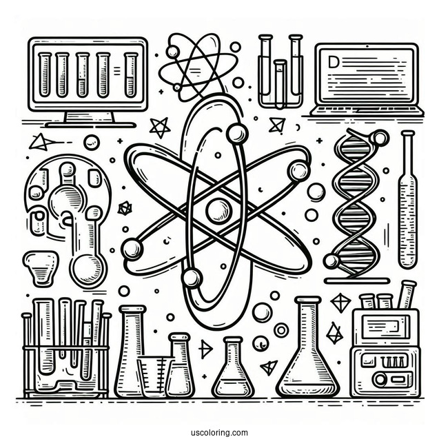 Science Coloring Page Of Full Page Scientific Symbols Atom, Beakers, Test Tubes, Computers, And DNA