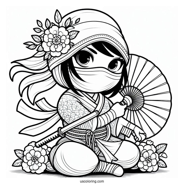 Ninja Holding A Sword And A Fan Coloring Page