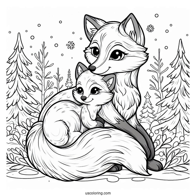Mama Fox Coloring Page Cuddling With Baby Fox In Snowy Forest