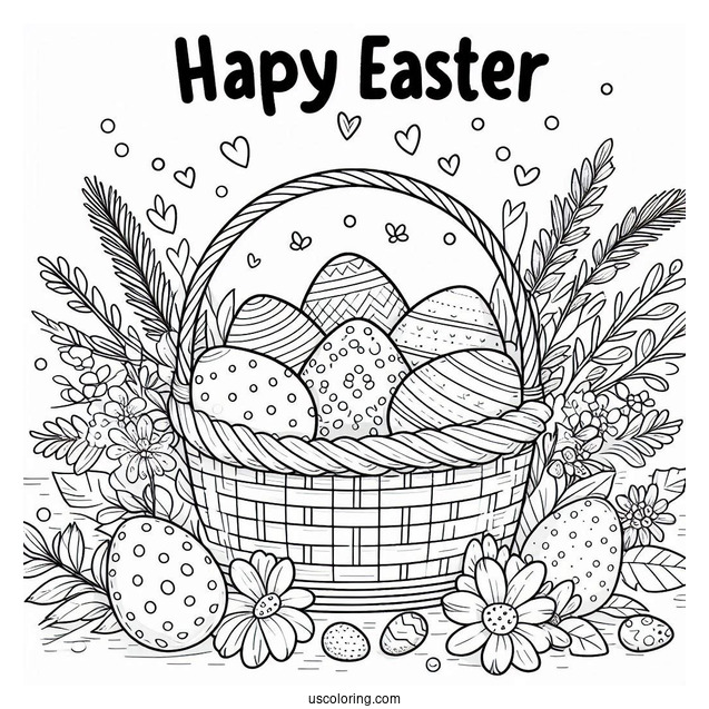 Happy Easter Coloring Page With Eggs In A Basket For Preschoolers