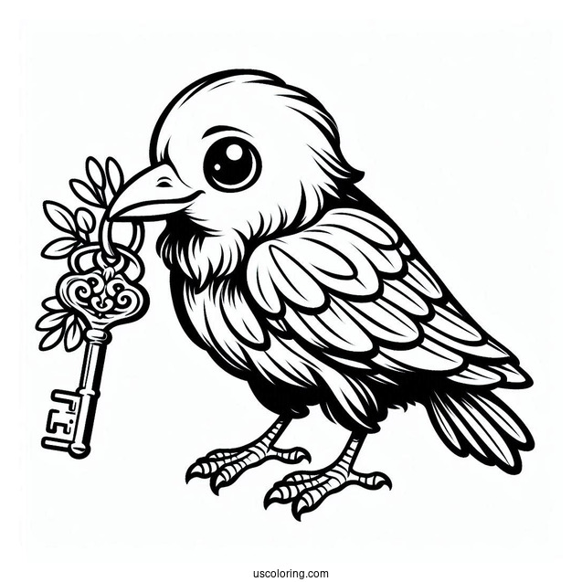 Easy Raven Coloring Page Carrying A Shiny Key For Kids