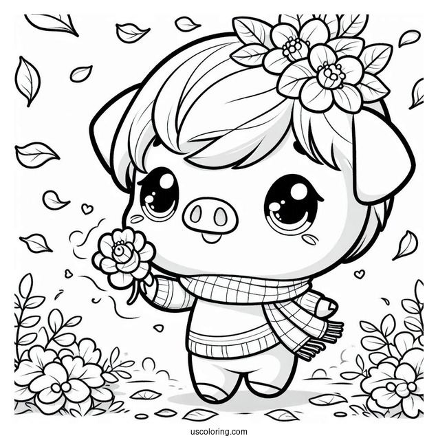 Kawaii Piglet Coloring Page Picking Petals For Preschoolers