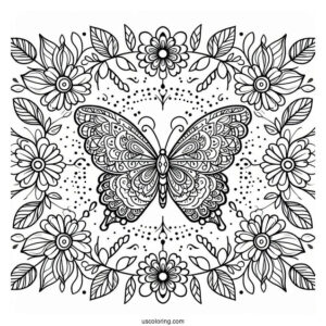 Grand Butterfly Coloring Page Mandala Surrounded By Flowers