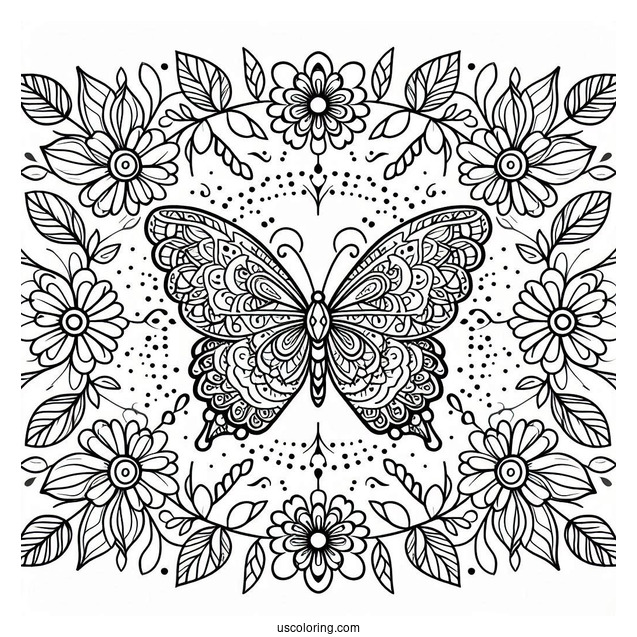 Grand Butterfly Coloring Page Mandala Surrounded By Flowers