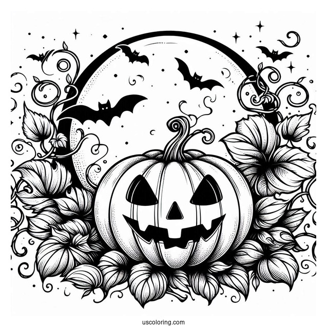 Pumpkin Coloring Page Of Spooky Jack O Lantern With Vines And Bats