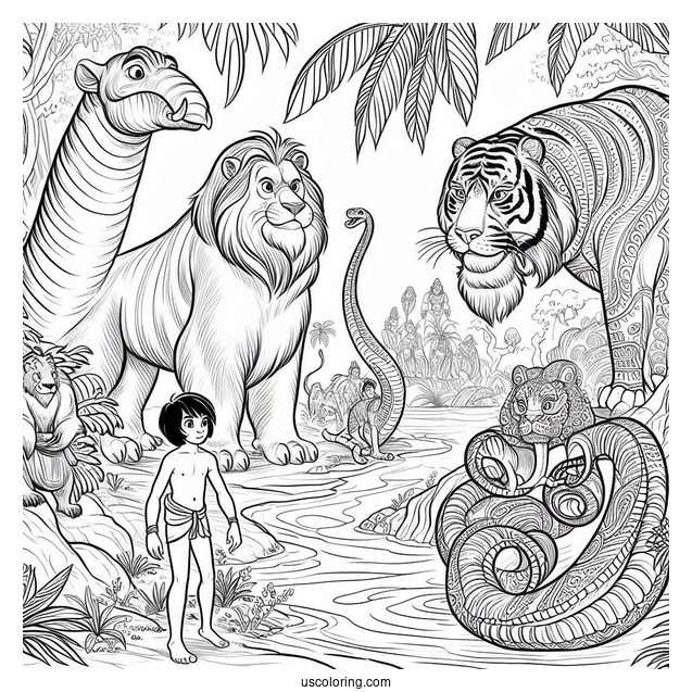 Jungle Book Coloring Page Of Mowgli, Baloo, King Louie, Shere Khan, And Kaa