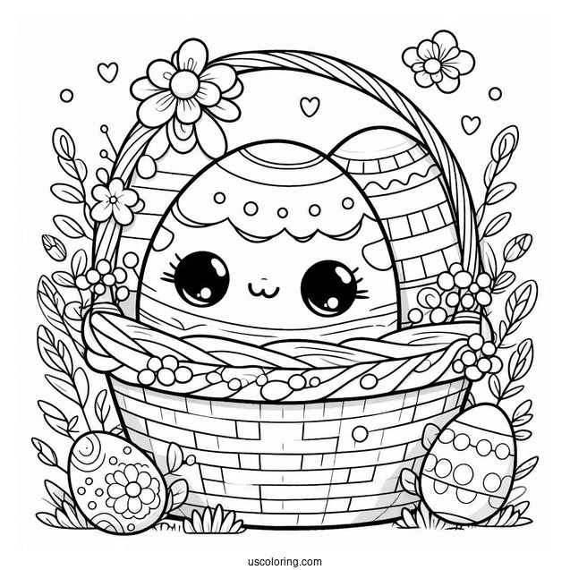 Happy Easter Coloring Page With Eggs In A Basket For Preschoolers