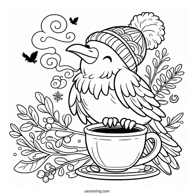 Happy Raven Coloring Page Drinking Coffee For Kids