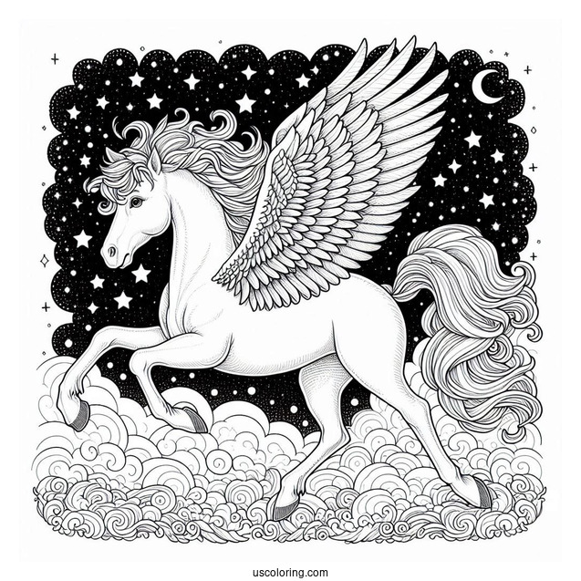 Realistic Pegasus Coloring Page With Starry Night Sky