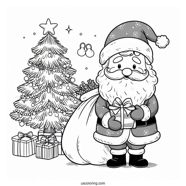 Santa Holding Sack Of Presents Next To Christmas Tree