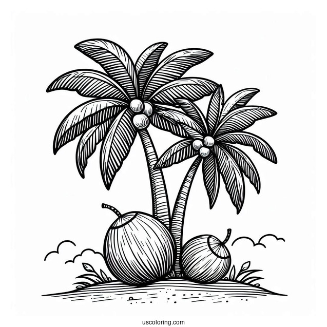 Two Large Coconut Coloring Page Trees On An Island