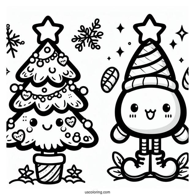 Cute Kawaii Christmas Tree Coloring Page