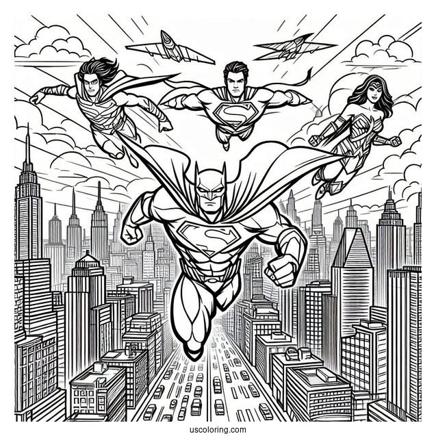 Justice League Coloring Page Flying In The City
