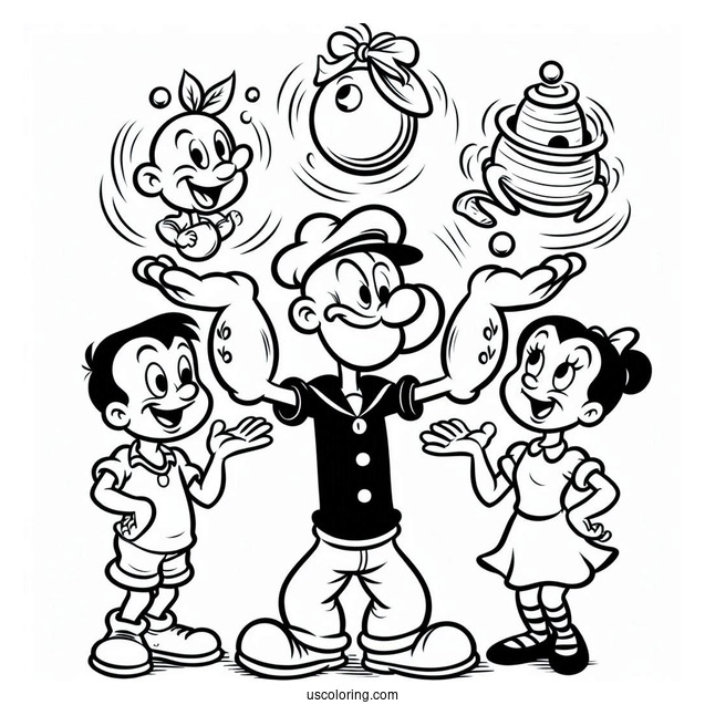 Popeye Coloring Page Juggling Eugene, Olive Oyl, And Swee Pea