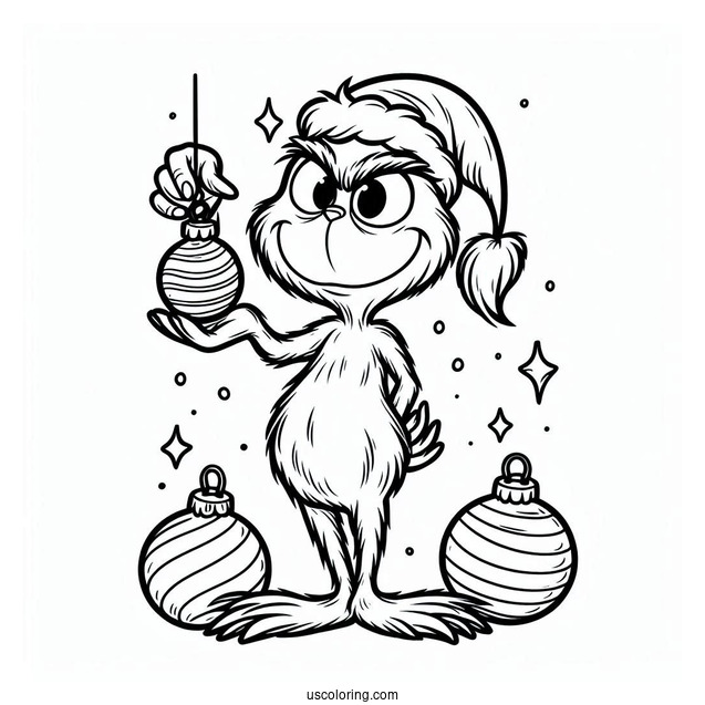 Grinch Holding Bauble Christmas Ornaments Coloring Page For Kids
