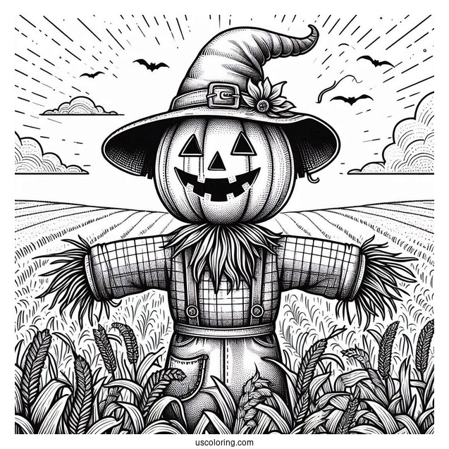 Pumpkin Head Scarecrow Coloring Page On A Vast Field