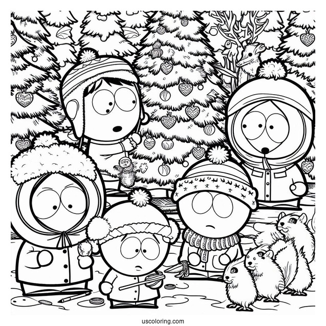 Detailed South Park Coloring Page Of Kyle, Kenny, Stan, And Eric Decorating Christmas Tree With Forest Animals
