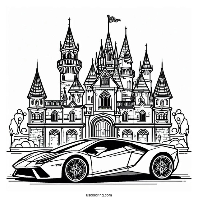 Castle Coloring Page Of Modern Castle With Sports Car