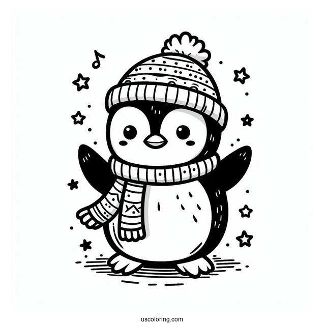 Happy Little Penguin Wearing Scarf Coloring In