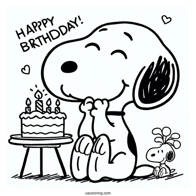 Snoopy With Happy Birthday Cake To Color