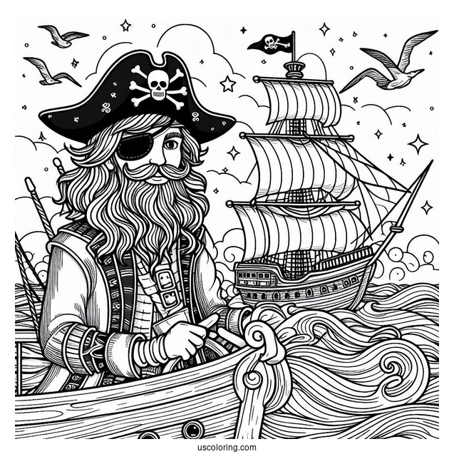 Pirate With Eyepatch On The Deck Of A Pirate Ship Coloring Page
