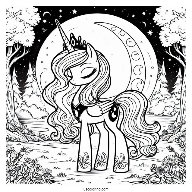Princess Luna Coloring Page In The Forest At Night