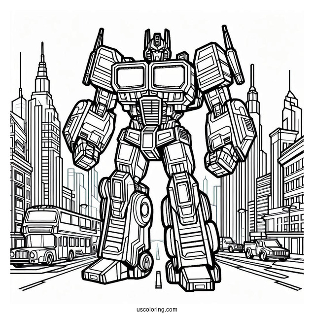 Cartoon Optimus Prime Coloring Page In The City