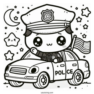 Kawaii Police Car Coloring Page With An Officer Inside Waving For Preschoolers