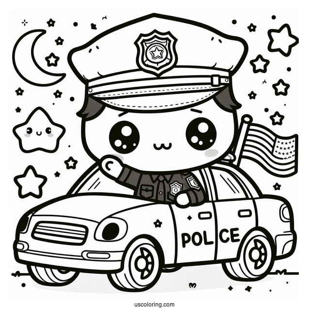 Kawaii Police Car Coloring Page With An Officer Inside Waving For Preschoolers