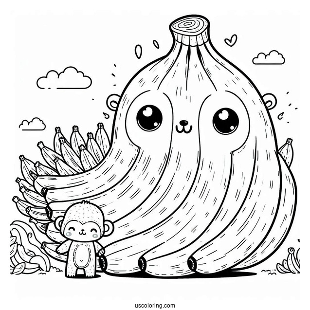 Massive Banana Coloring Page Beside A Small Monkey