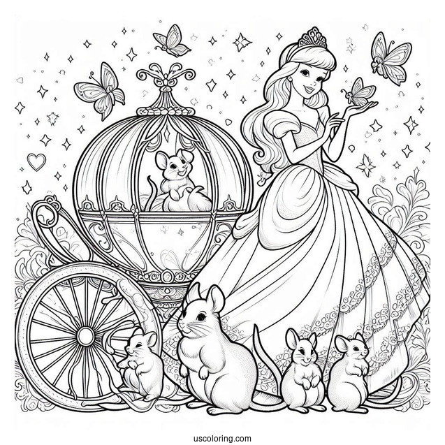 Cinderella With Mice, Fairy And Carriage To Color For Kids