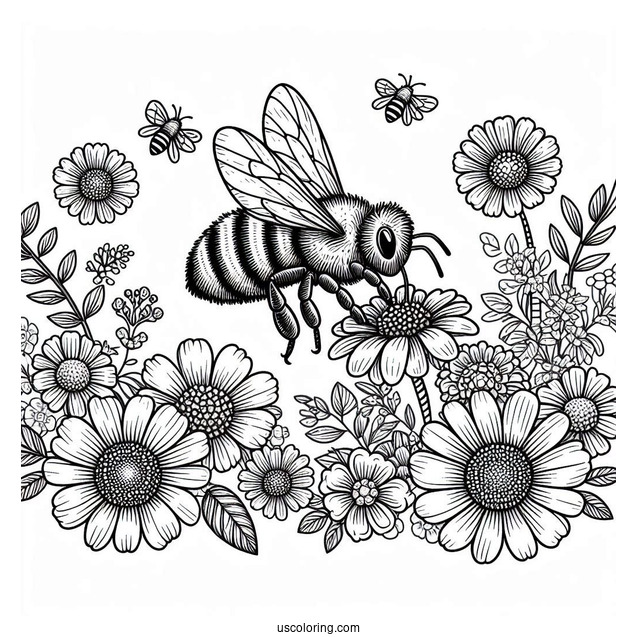 Realistic Bee Coloring Page Hovering Over Flowers
