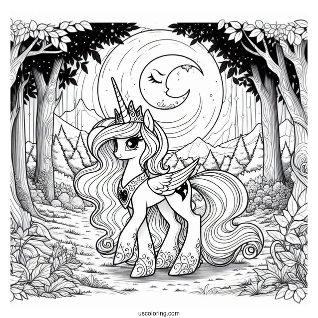 Princess Luna Coloring Page In The Forest At Night