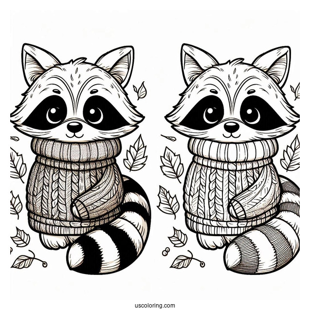 Cute Raccoon Coloring Page In A Sweater In Fall