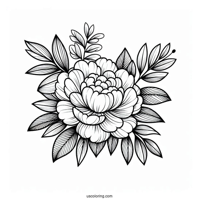 Flower Coloring Pages Of Peony With Leaves