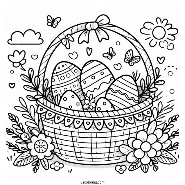 Happy Easter Coloring Page With Eggs In A Basket For Preschoolers