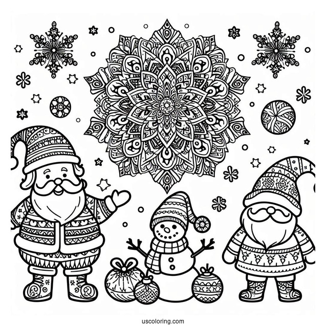 Santa Claus With Snowman And Christmas Mandala Coloring Page