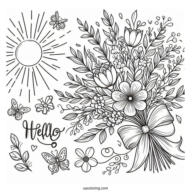 Hello Spring Coloring Page Flower Bouquet