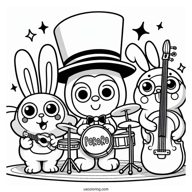 Pororo Coloring Page Playing In A Band With Harry, Crong, Eddy, And Poby