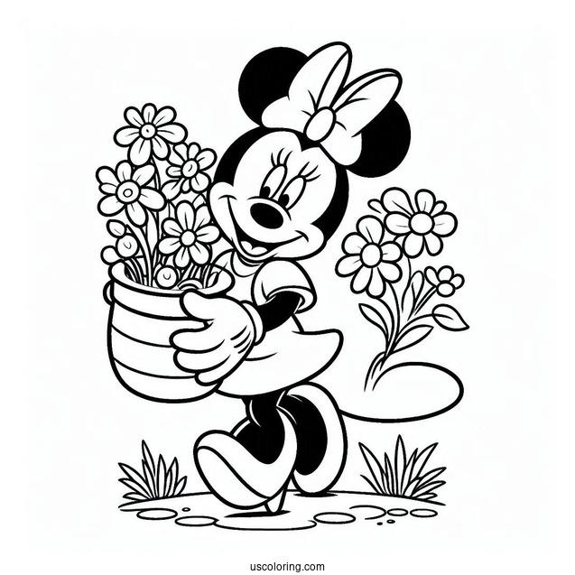 Minnie Mouse Carrying Spring Coloring Page Flower Pot
