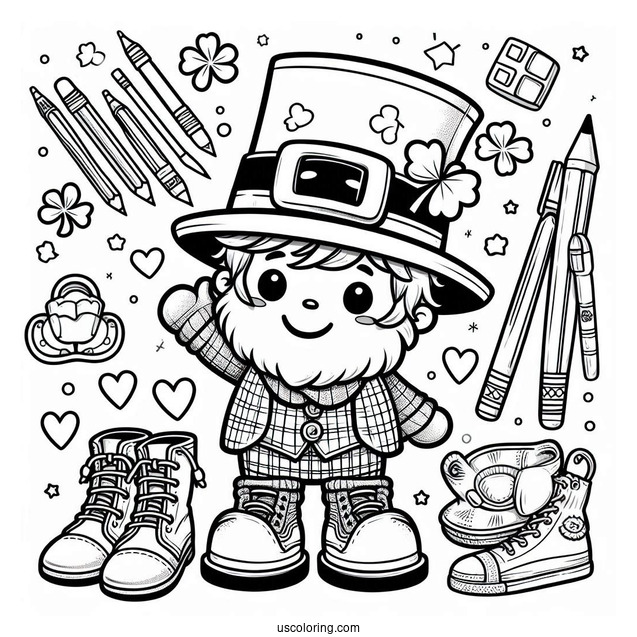 St. Patrick's Day Coloring Page Of Cartoon Leprechaun Hat With Shoes And Gloves For Kids