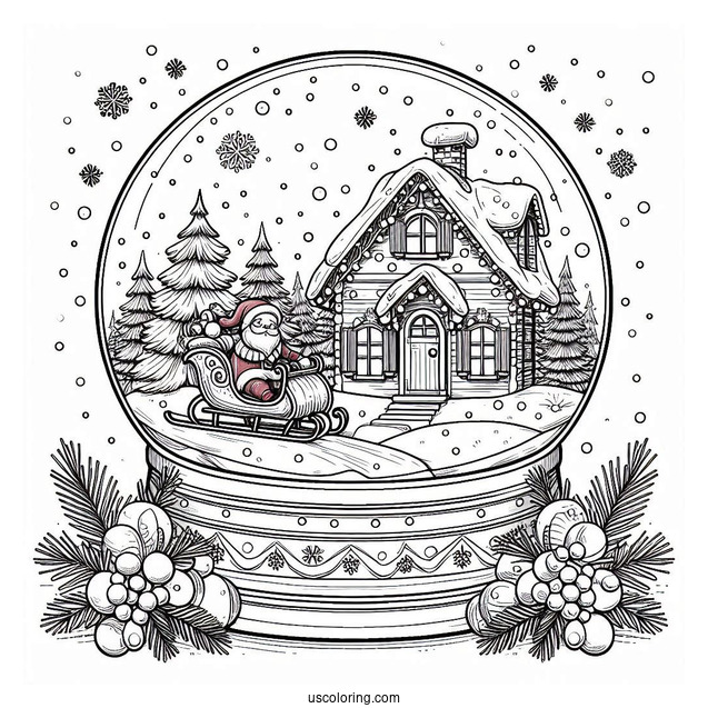 Snow Globe Coloring Page With Winter Cottage And Santa On A Sleigh