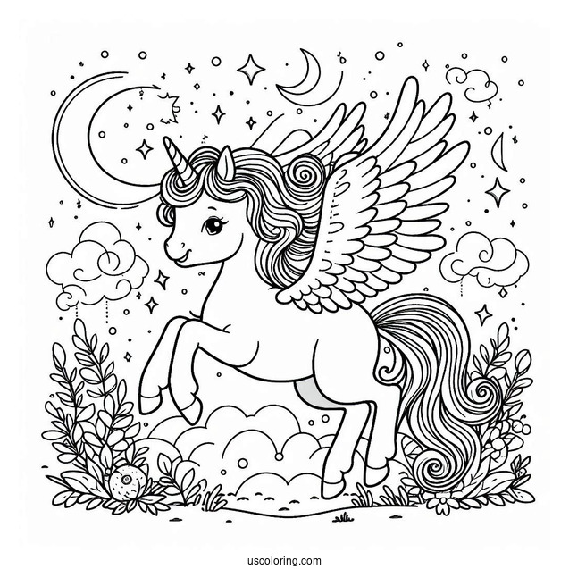 Cute Pegasus Coloring Page In the Night Sky For Kids