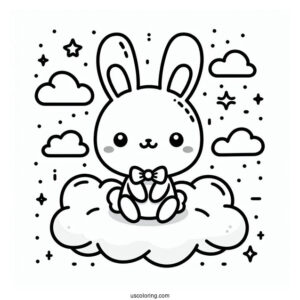 Kawaii Rabbit Coloring Page Sitting On The Clouds