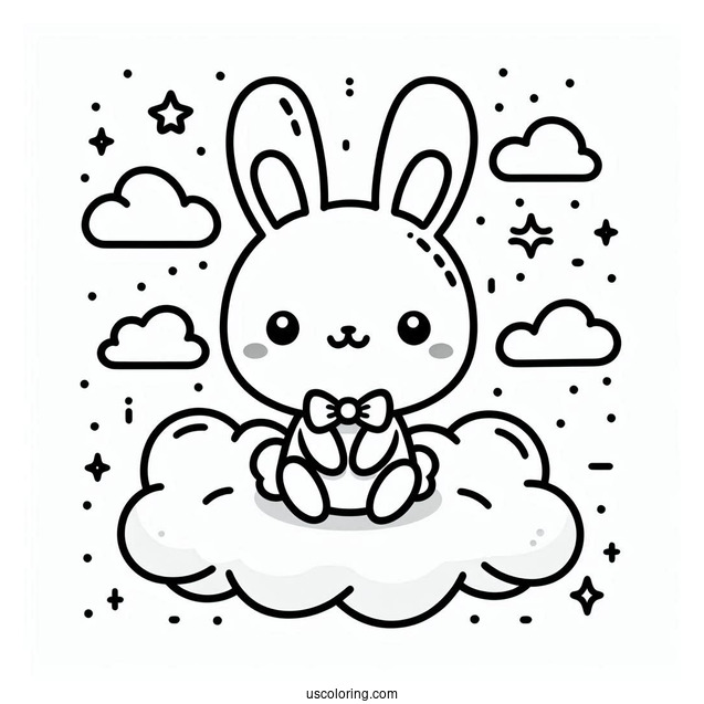 Kawaii Rabbit Coloring Page Sitting On The Clouds