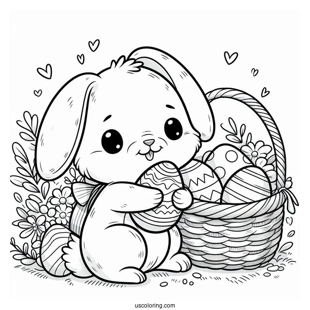 Cartoon Rabbit Coloring Page Hugging A Basket Of Easter Eggs