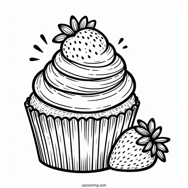 Simple Cupcake With Icing And Strawberry To Color