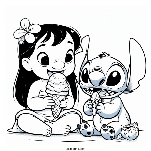 Coloring Page Of Lilo And Stitch Eating Ice Cream